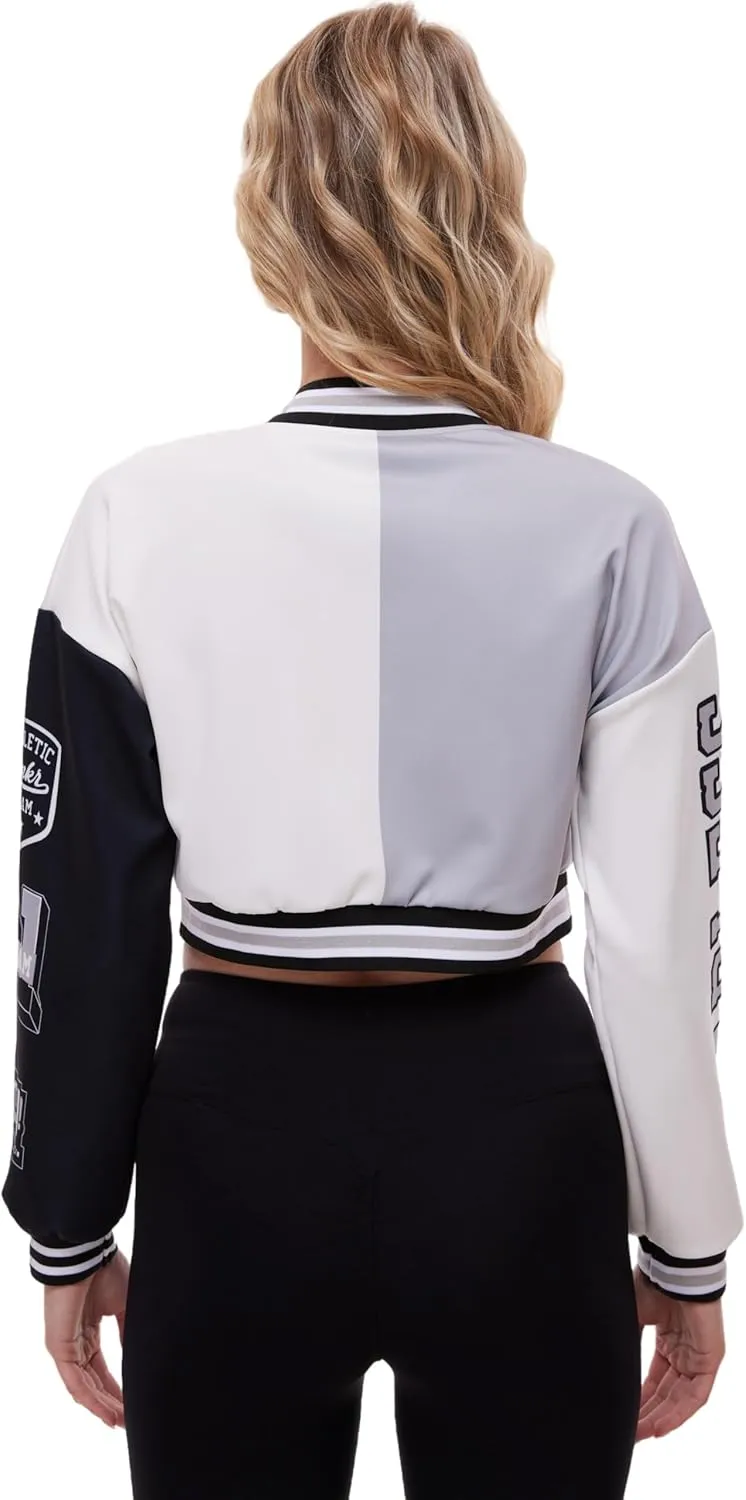 Womens Cropped Varsity Jacket Print Colorblock Bomber Jacket Casual Button Down Coat Lightweight Outwear with Pockets