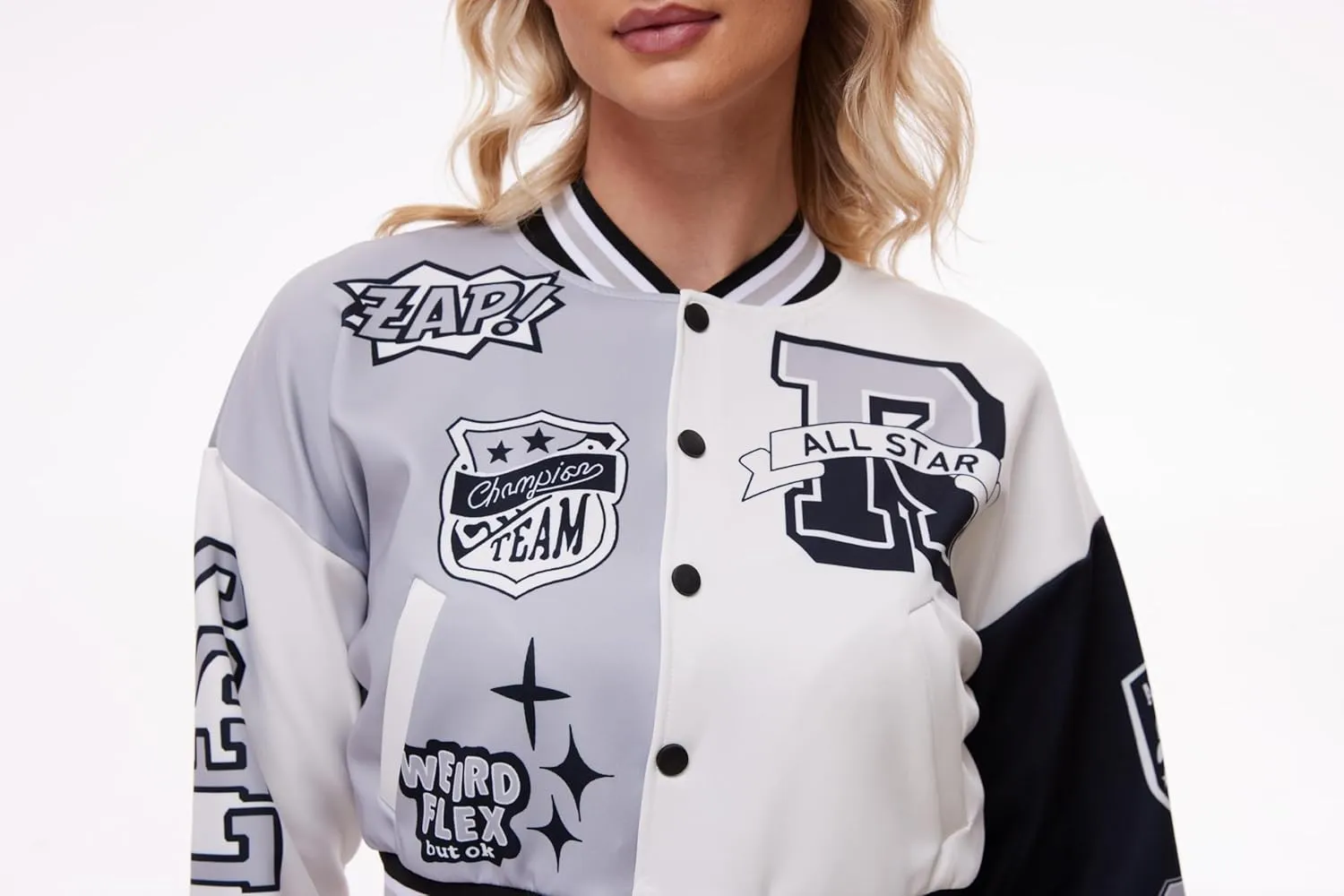 Womens Cropped Varsity Jacket Print Colorblock Bomber Jacket Casual Button Down Coat Lightweight Outwear with Pockets