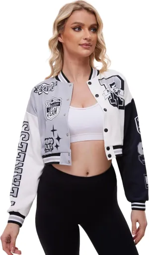 Womens Cropped Varsity Jacket Print Colorblock Bomber Jacket Casual Button Down Coat Lightweight Outwear with Pockets