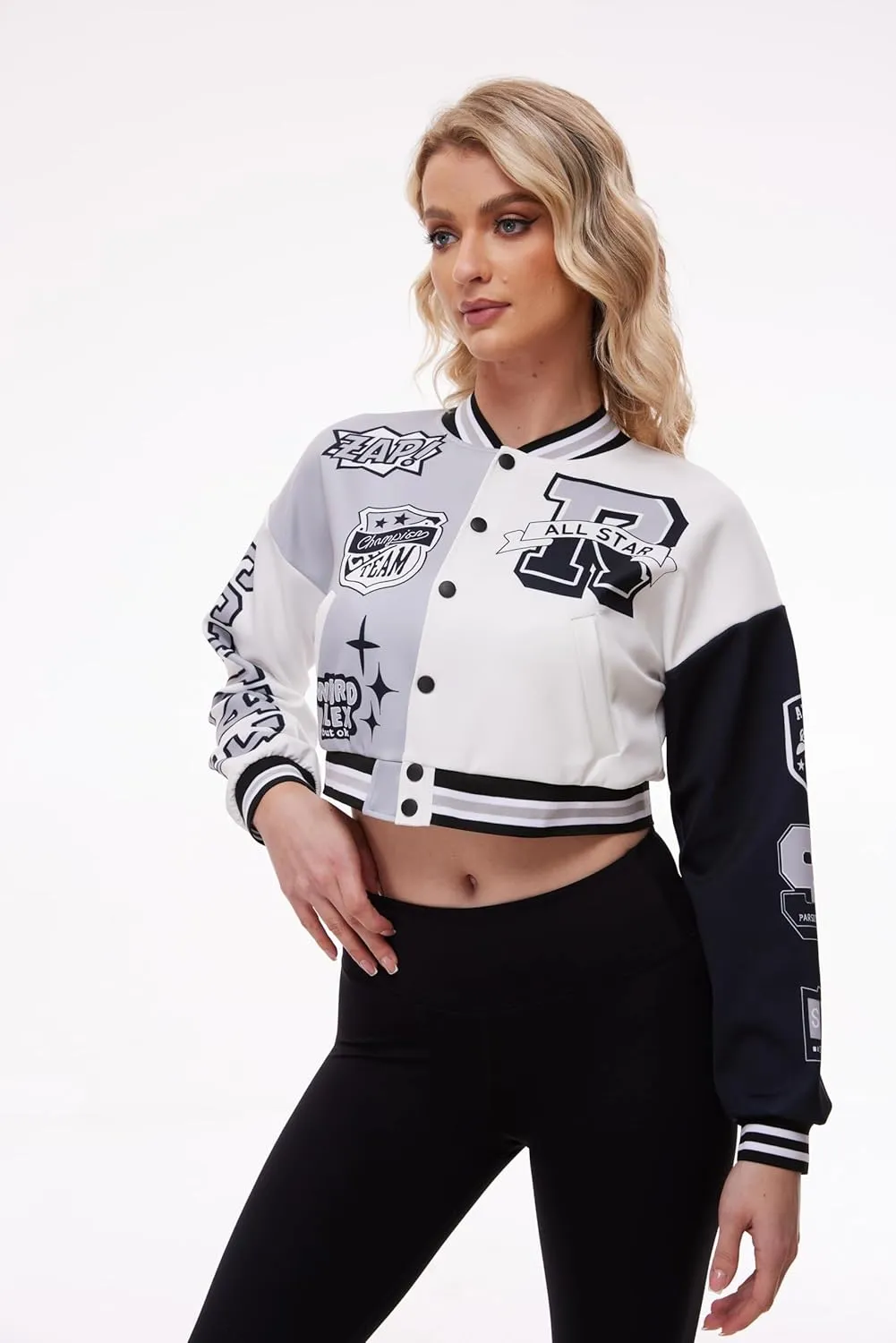 Womens Cropped Varsity Jacket Print Colorblock Bomber Jacket Casual Button Down Coat Lightweight Outwear with Pockets