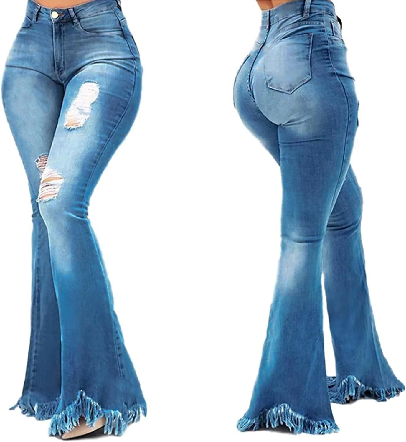 Women's Elastic Ripped Hole Classic Denim Bell Bottom Jeans
