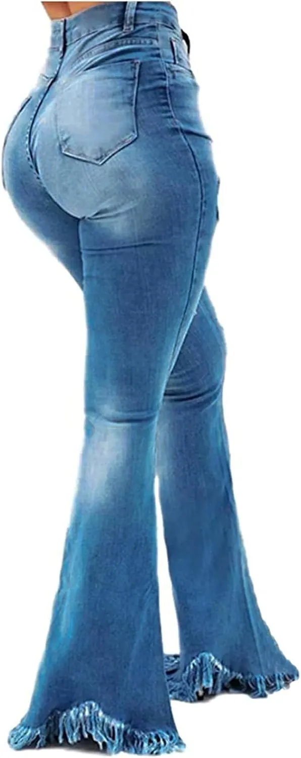 Women's Elastic Ripped Hole Classic Denim Bell Bottom Jeans