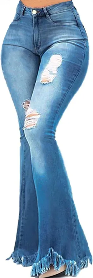 Women's Elastic Ripped Hole Classic Denim Bell Bottom Jeans
