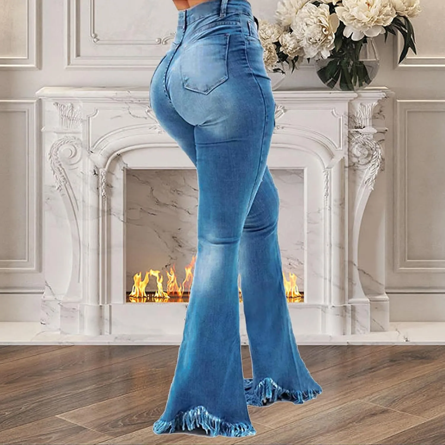 Women's Elastic Ripped Hole Classic Denim Bell Bottom Jeans