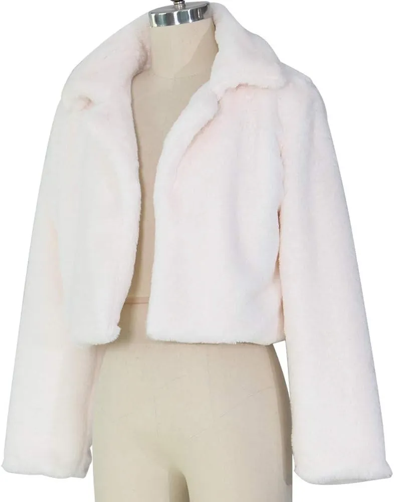 Women's Fashion Casual Coat Fluffy Fleece Turn-Down Collar Faux Fur Top Short Loose Jacket