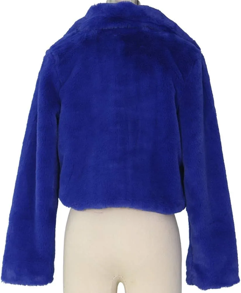 Women's Fashion Casual Coat Fluffy Fleece Turn-Down Collar Faux Fur Top Short Loose Jacket