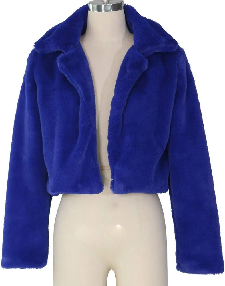 Women's Fashion Casual Coat Fluffy Fleece Turn-Down Collar Faux Fur Top Short Loose Jacket