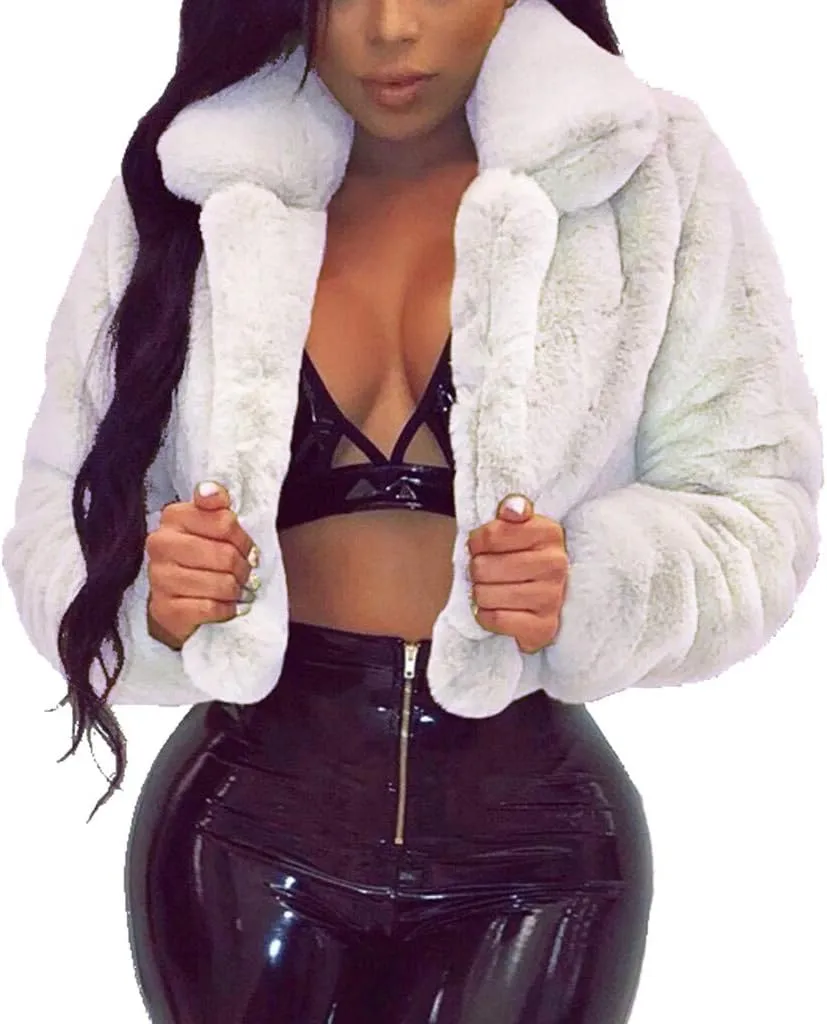 Women's Fashion Casual Coat Fluffy Fleece Turn-Down Collar Faux Fur Top Short Loose Jacket