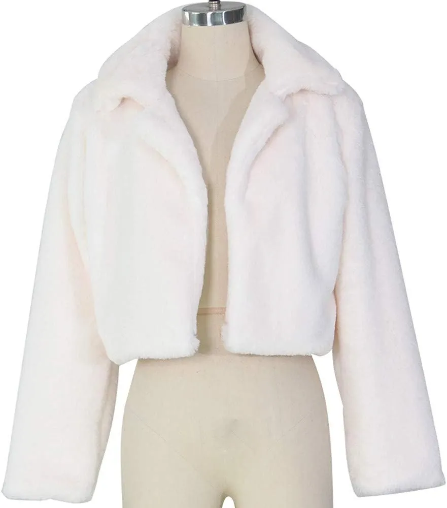 Women's Fashion Casual Coat Fluffy Fleece Turn-Down Collar Faux Fur Top Short Loose Jacket