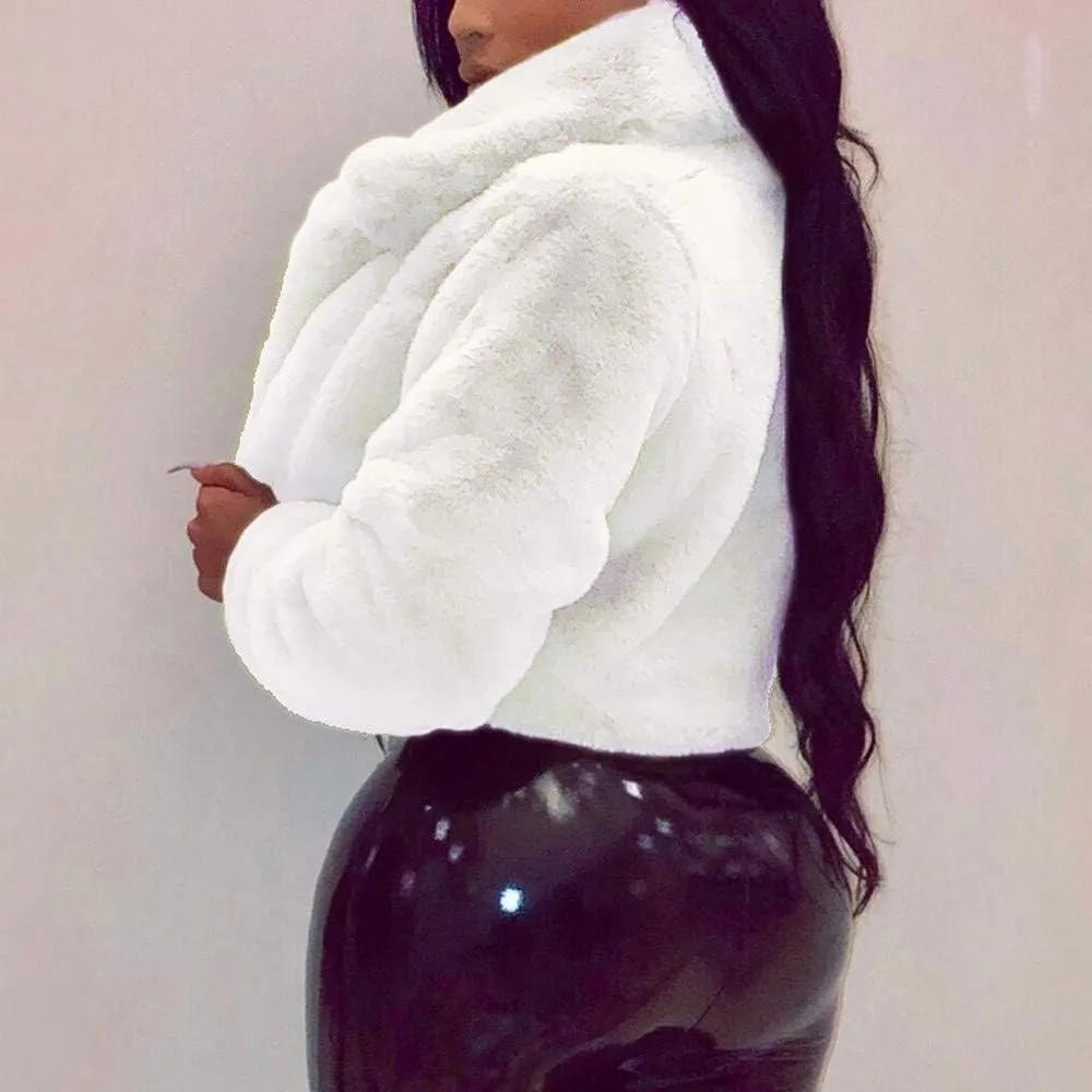 Women's Fashion Casual Coat Fluffy Fleece Turn-Down Collar Faux Fur Top Short Loose Jacket