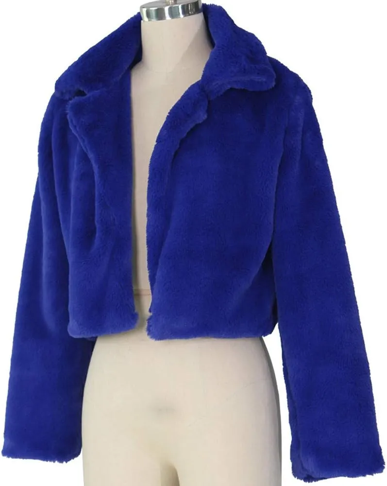 Women's Fashion Casual Coat Fluffy Fleece Turn-Down Collar Faux Fur Top Short Loose Jacket