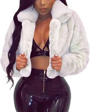 Women's Fashion Casual Coat Fluffy Fleece Turn-Down Collar Faux Fur Top Short Loose Jacket
