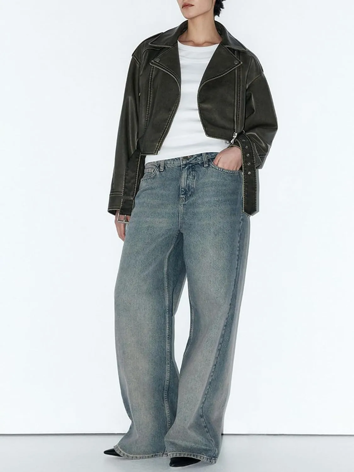 Women's Faux Leather Long Sleeve Zipper Up Moto Cropped Jacket Biker Coat with Belt