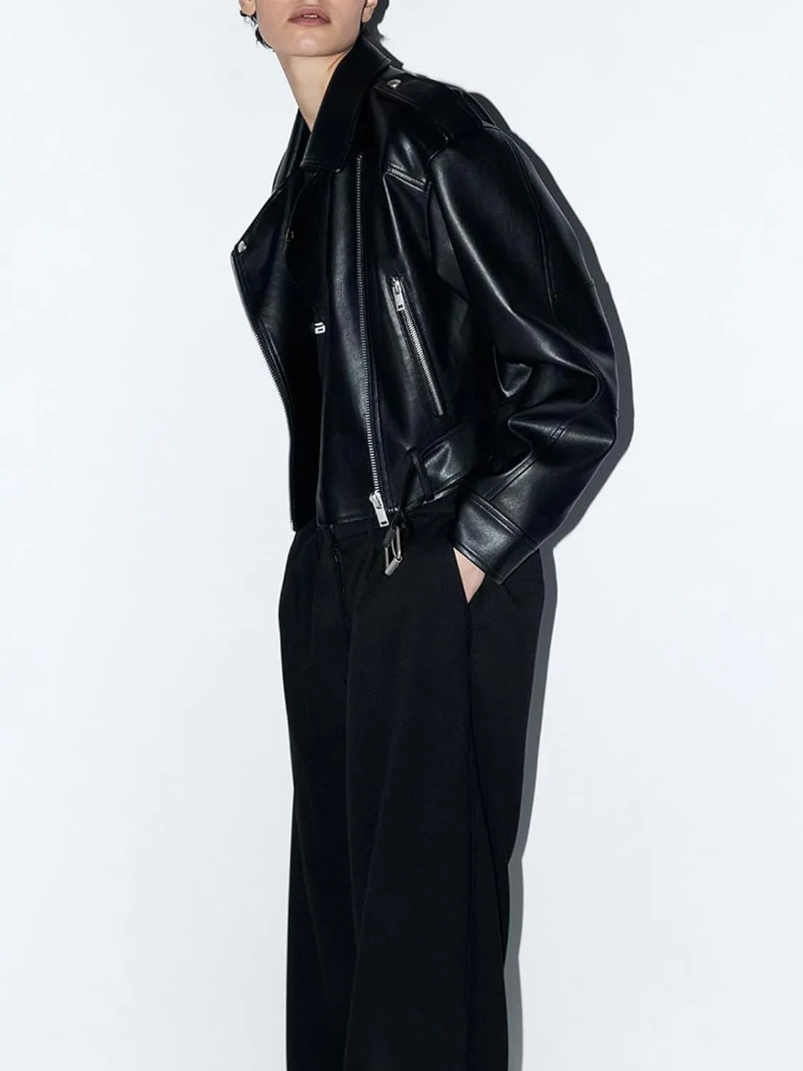 Women's Faux Leather Long Sleeve Zipper Up Moto Cropped Jacket Biker Coat with Belt