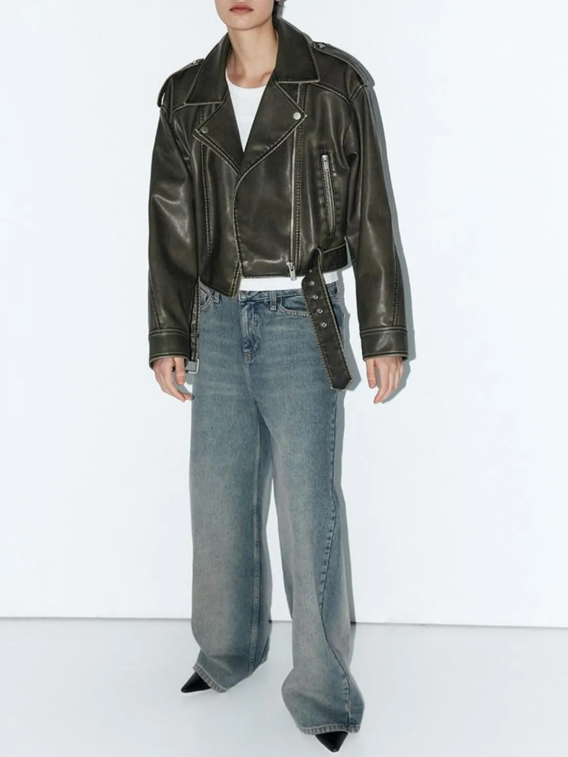 Women's Faux Leather Long Sleeve Zipper Up Moto Cropped Jacket Biker Coat with Belt
