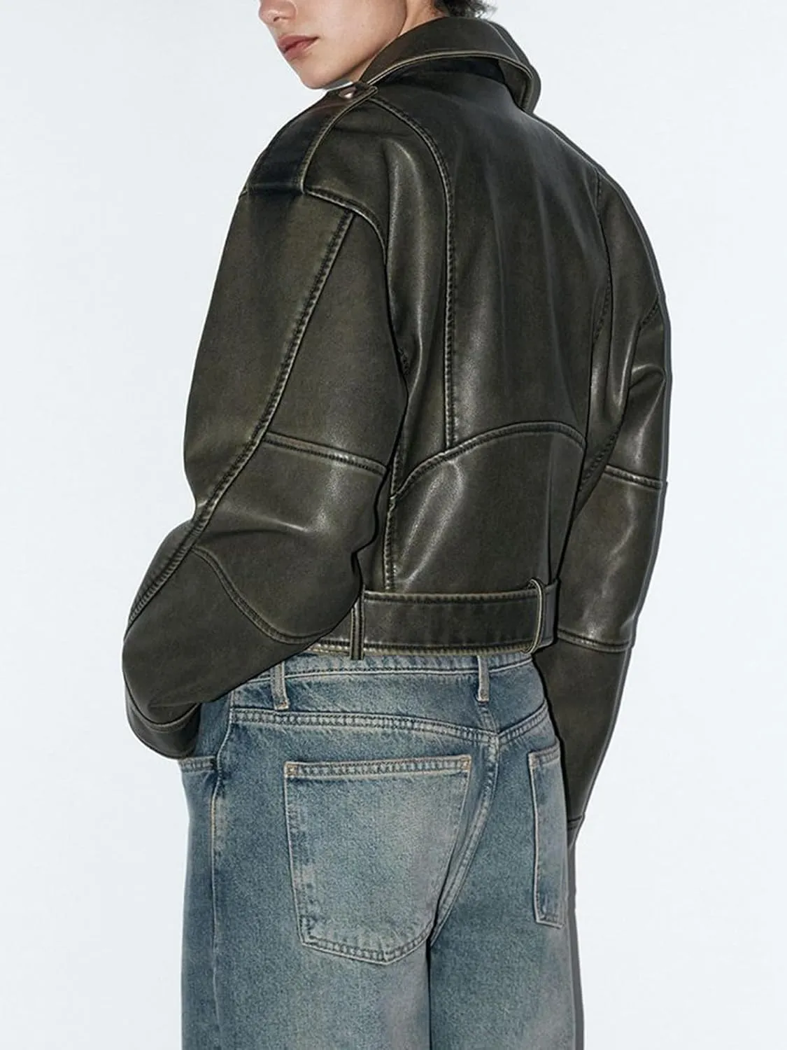 Women's Faux Leather Long Sleeve Zipper Up Moto Cropped Jacket Biker Coat with Belt