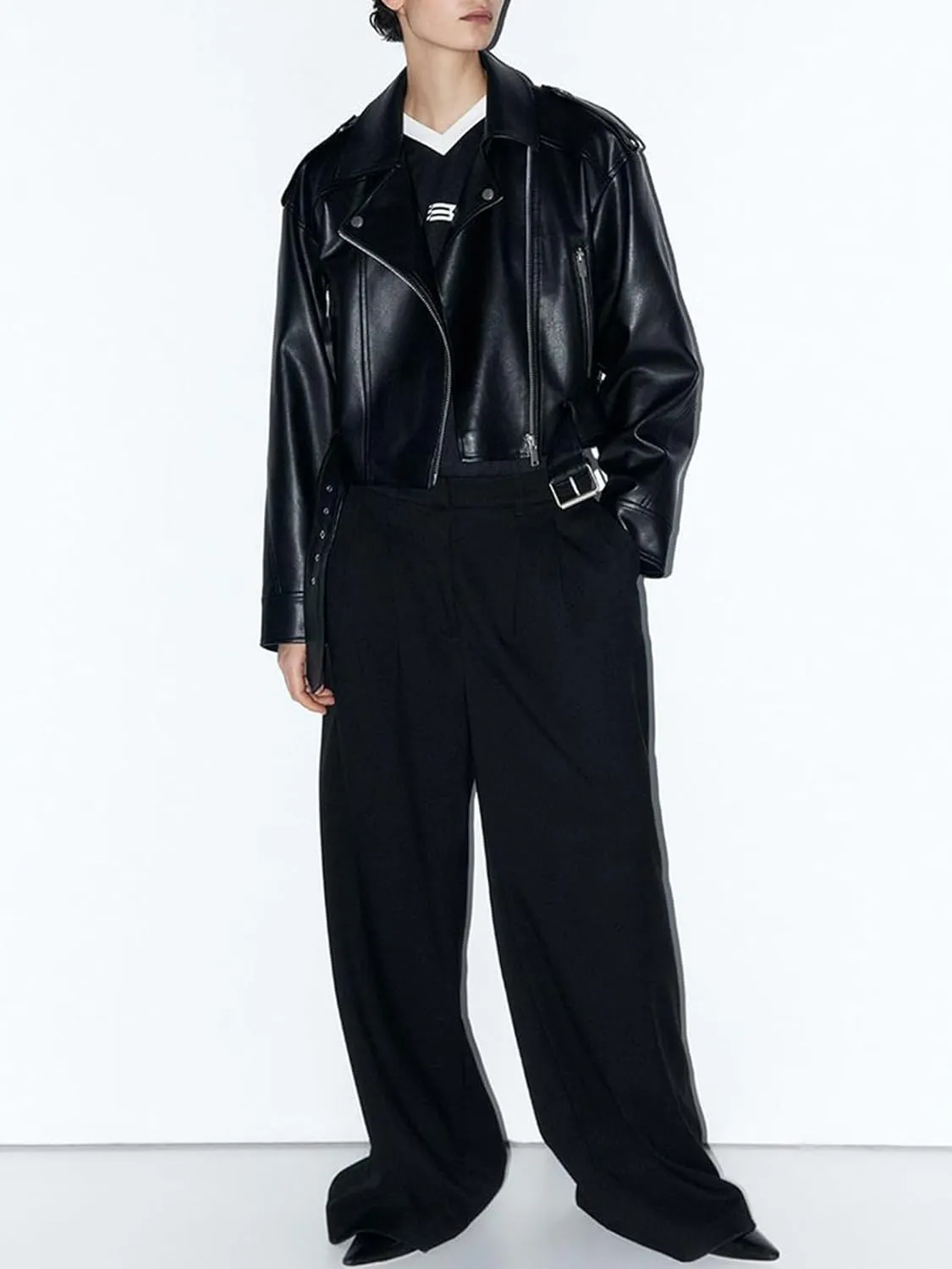 Women's Faux Leather Long Sleeve Zipper Up Moto Cropped Jacket Biker Coat with Belt
