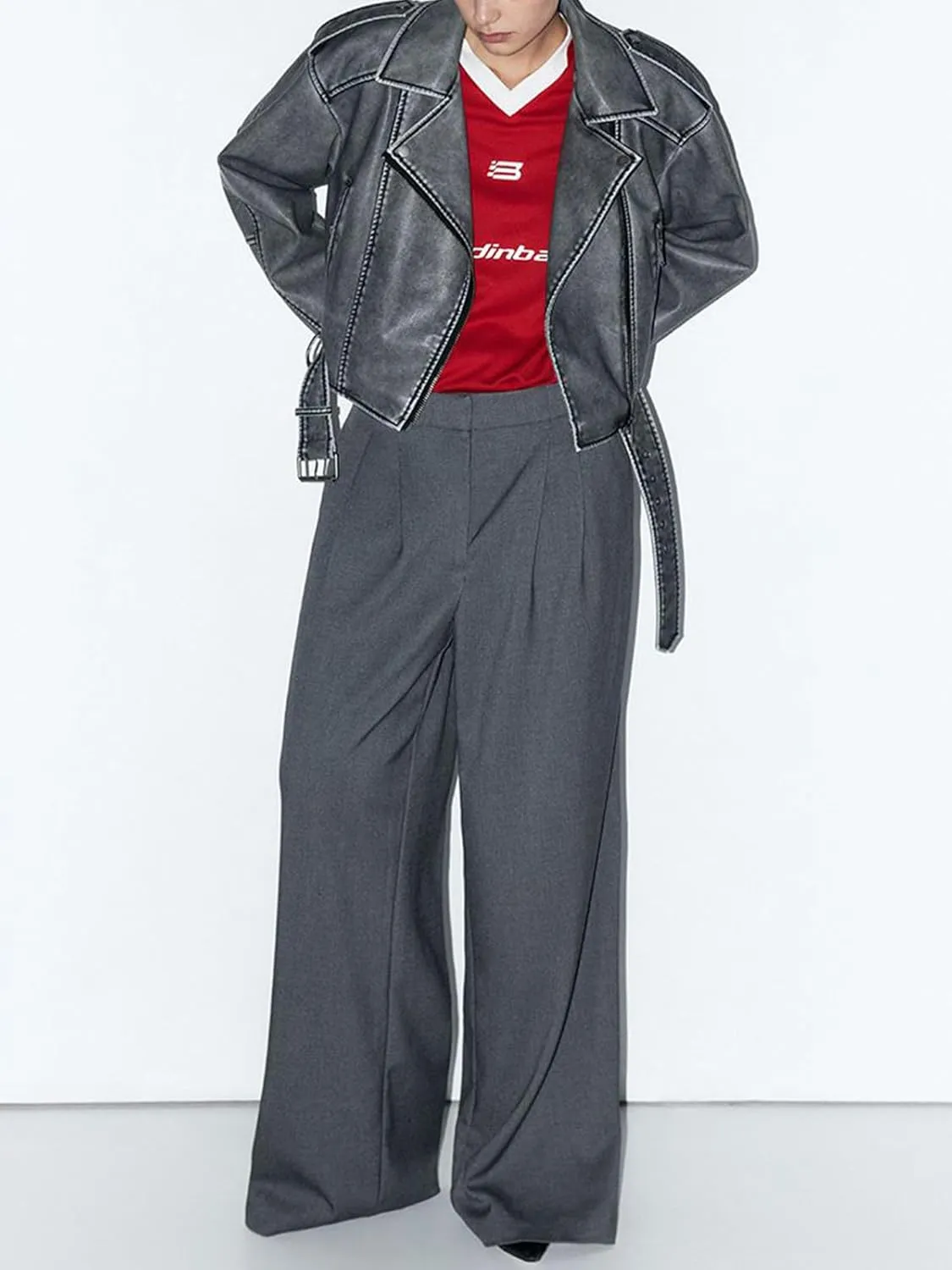 Women's Faux Leather Long Sleeve Zipper Up Moto Cropped Jacket Biker Coat with Belt