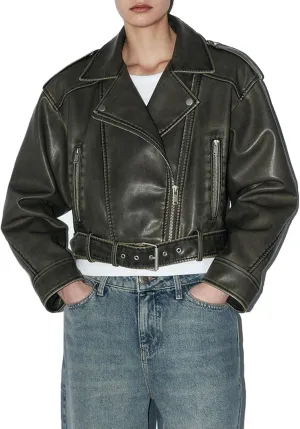 Women's Faux Leather Long Sleeve Zipper Up Moto Cropped Jacket Biker Coat with Belt