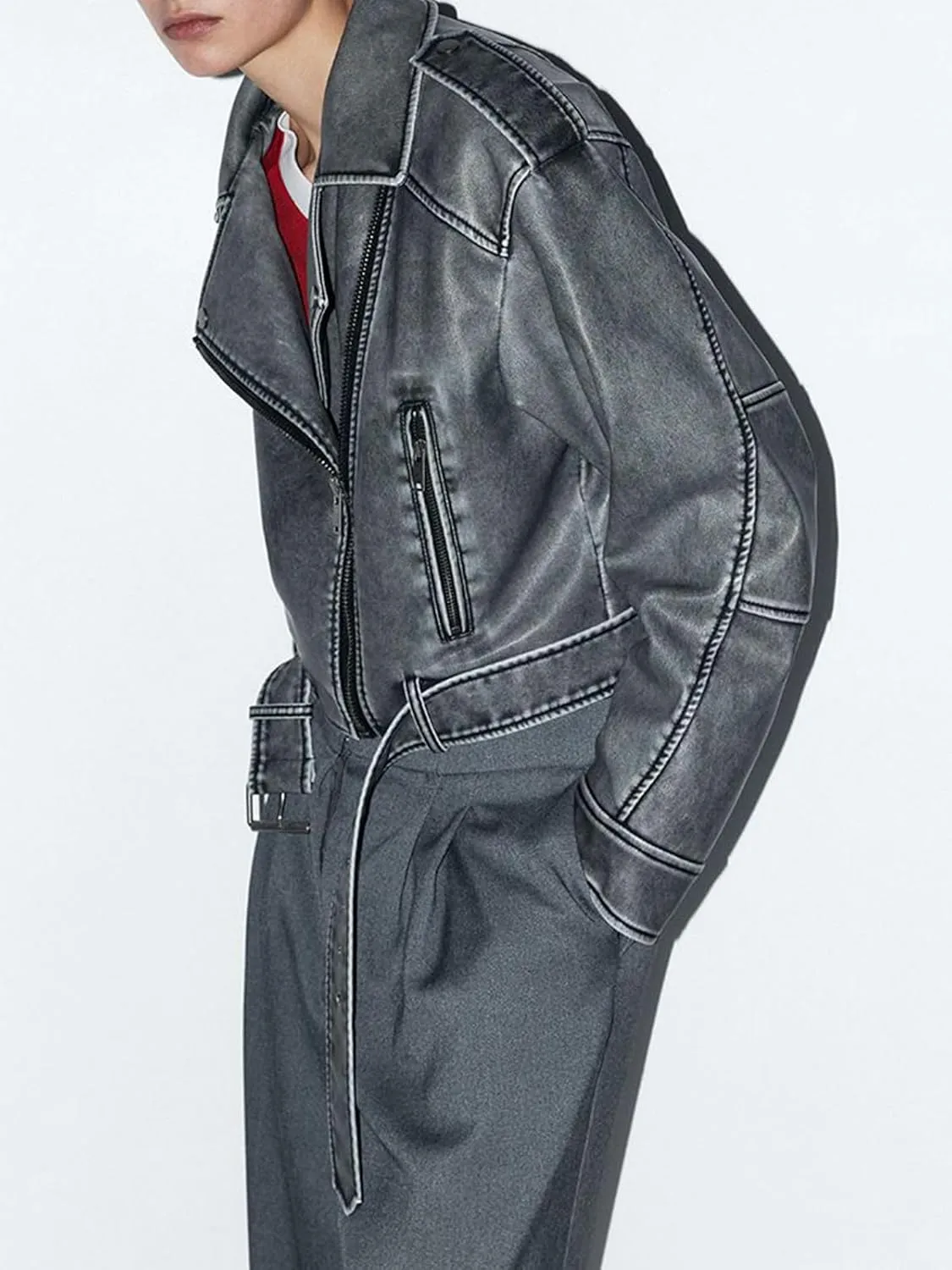Women's Faux Leather Long Sleeve Zipper Up Moto Cropped Jacket Biker Coat with Belt