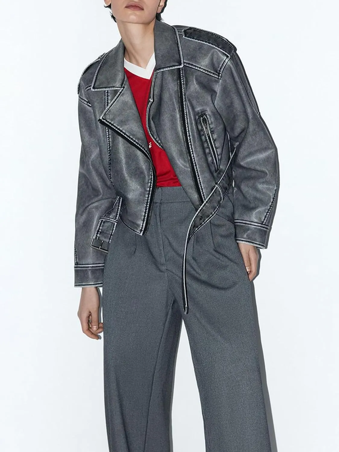 Women's Faux Leather Long Sleeve Zipper Up Moto Cropped Jacket Biker Coat with Belt