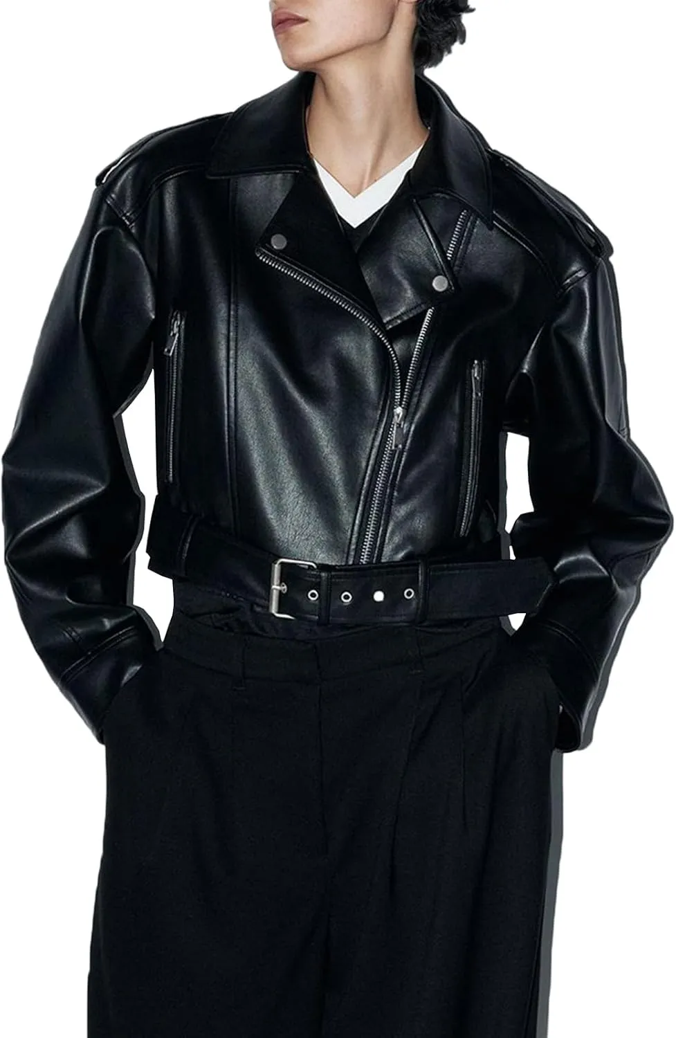 Women's Faux Leather Long Sleeve Zipper Up Moto Cropped Jacket Biker Coat with Belt