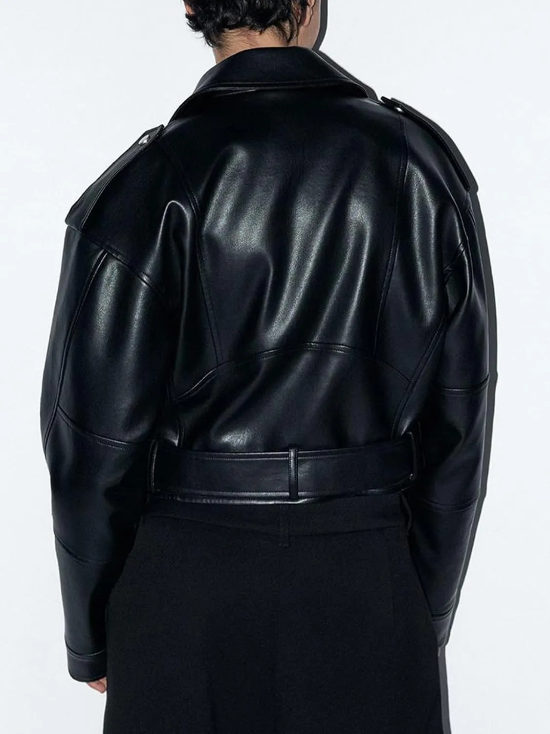 Women's Faux Leather Long Sleeve Zipper Up Moto Cropped Jacket Biker Coat with Belt