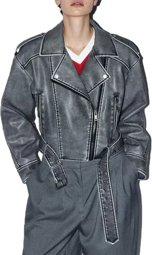 Women's Faux Leather Long Sleeve Zipper Up Moto Cropped Jacket Biker Coat with Belt