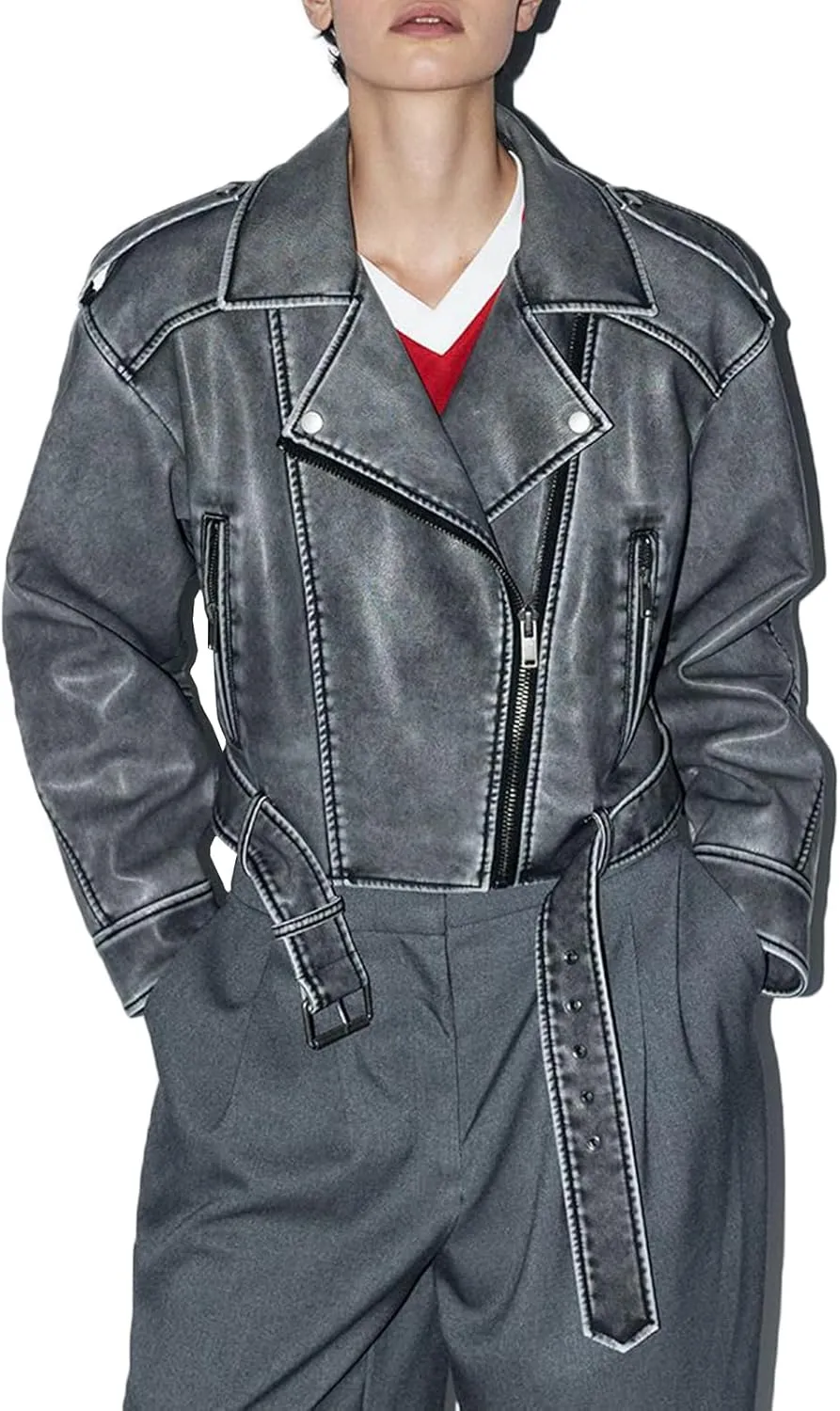 Women's Faux Leather Long Sleeve Zipper Up Moto Cropped Jacket Biker Coat with Belt