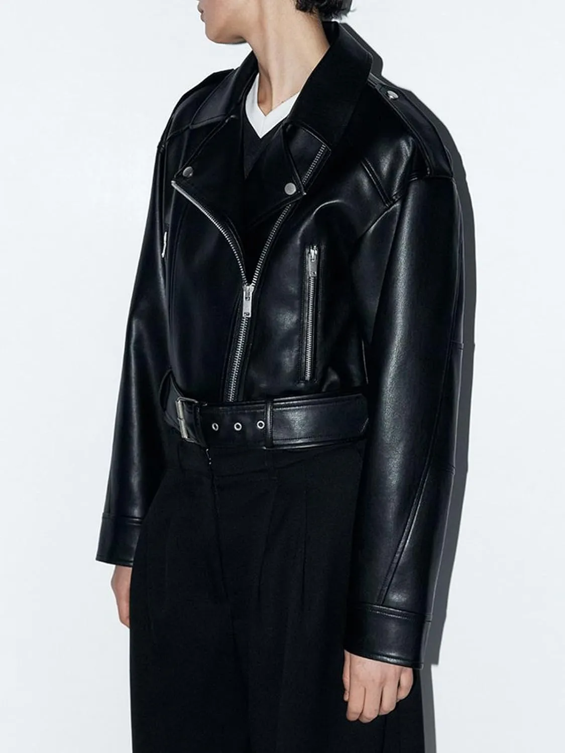 Women's Faux Leather Long Sleeve Zipper Up Moto Cropped Jacket Biker Coat with Belt