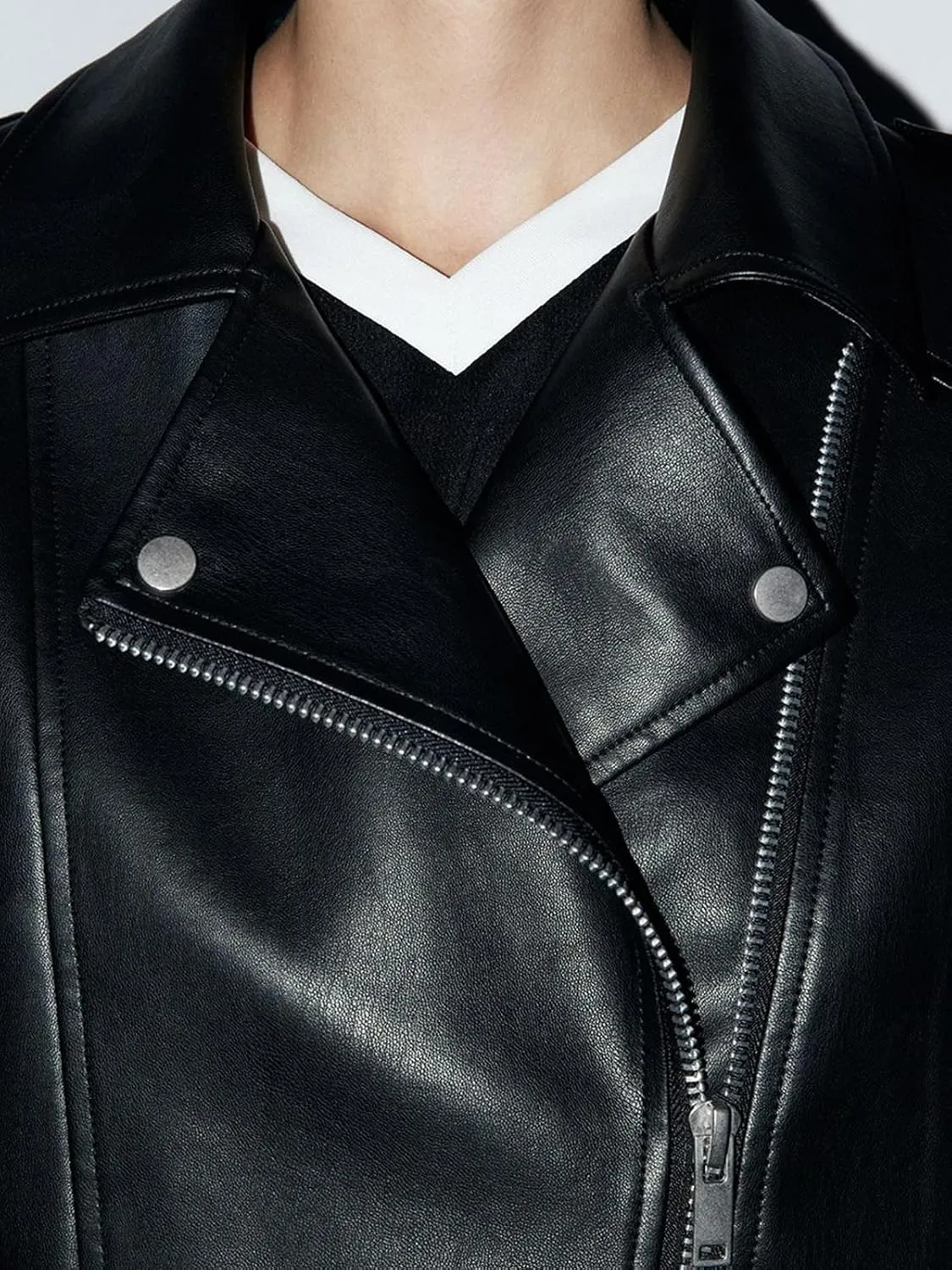 Women's Faux Leather Long Sleeve Zipper Up Moto Cropped Jacket Biker Coat with Belt