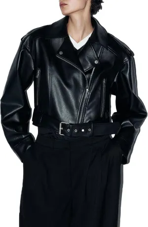 Women's Faux Leather Long Sleeve Zipper Up Moto Cropped Jacket Biker Coat with Belt