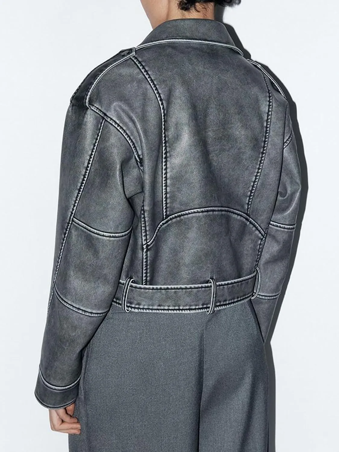 Women's Faux Leather Long Sleeve Zipper Up Moto Cropped Jacket Biker Coat with Belt