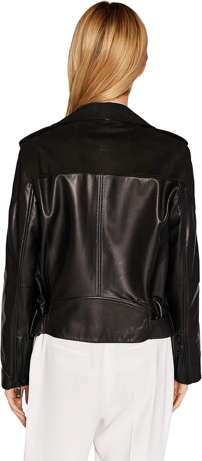 Women's Genuine Leather Jacket Lambskin Black Moto Biker Jacket Coat with Belt SmartUniverseWear