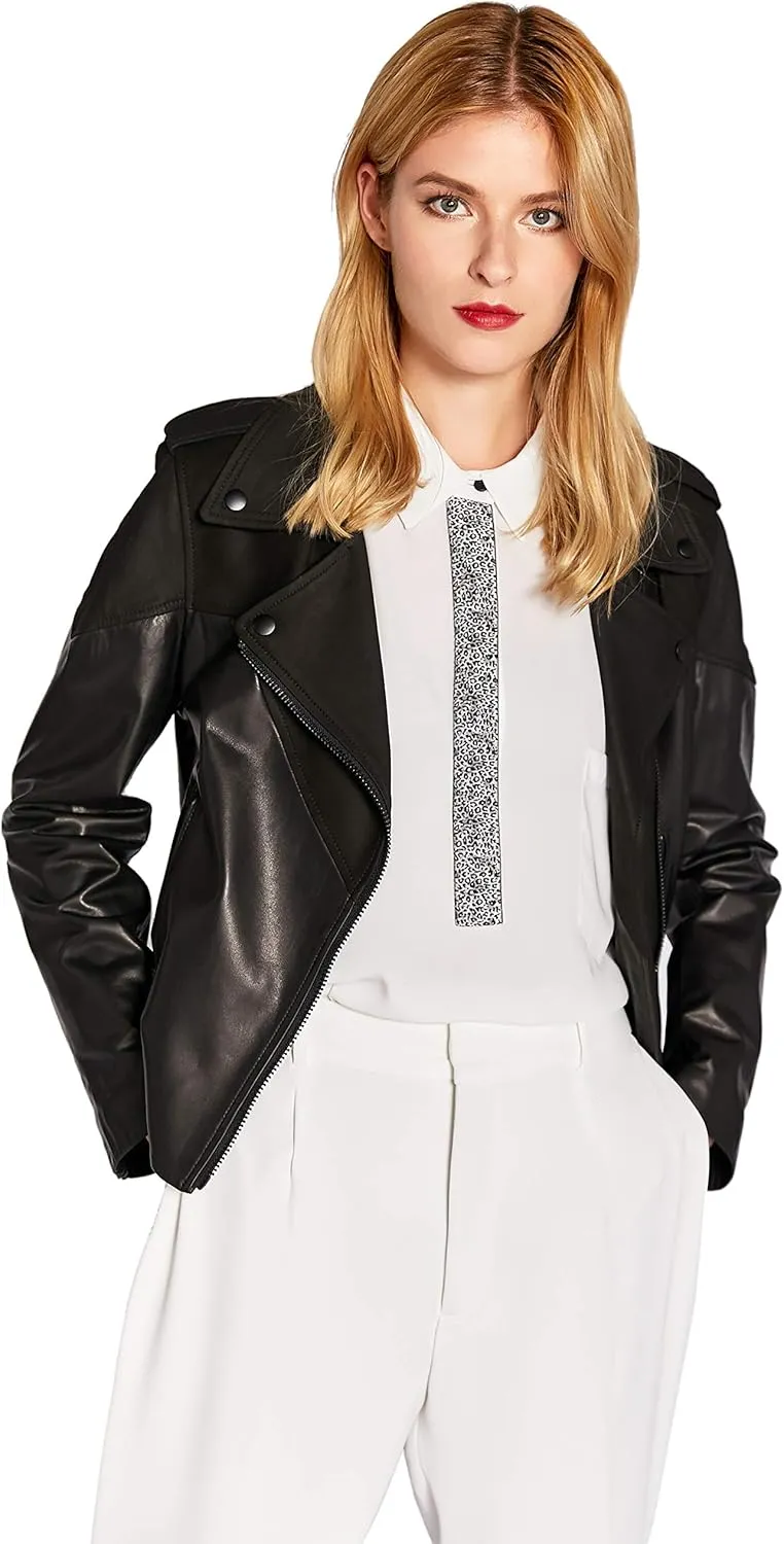 Women's Genuine Leather Jacket Lambskin Black Moto Biker Jacket Coat with Belt SmartUniverseWear