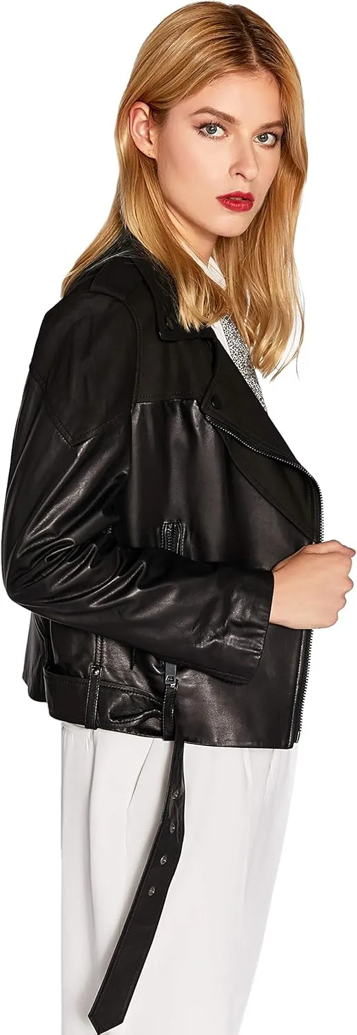 Women's Genuine Leather Jacket Lambskin Black Moto Biker Jacket Coat with Belt SmartUniverseWear
