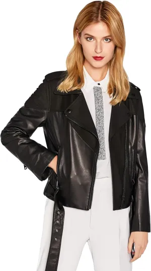 Women's Genuine Leather Jacket Lambskin Black Moto Biker Jacket Coat with Belt SmartUniverseWear