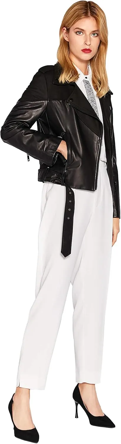 Women's Genuine Leather Jacket Lambskin Black Moto Biker Jacket Coat with Belt SmartUniverseWear