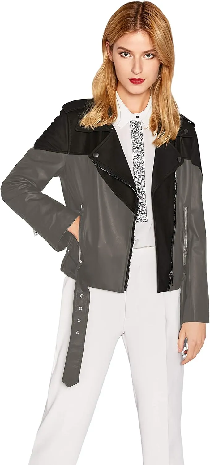 Women's Genuine Leather Jacket Lambskin Black Moto Biker Jacket Coat with Belt SmartUniverseWear