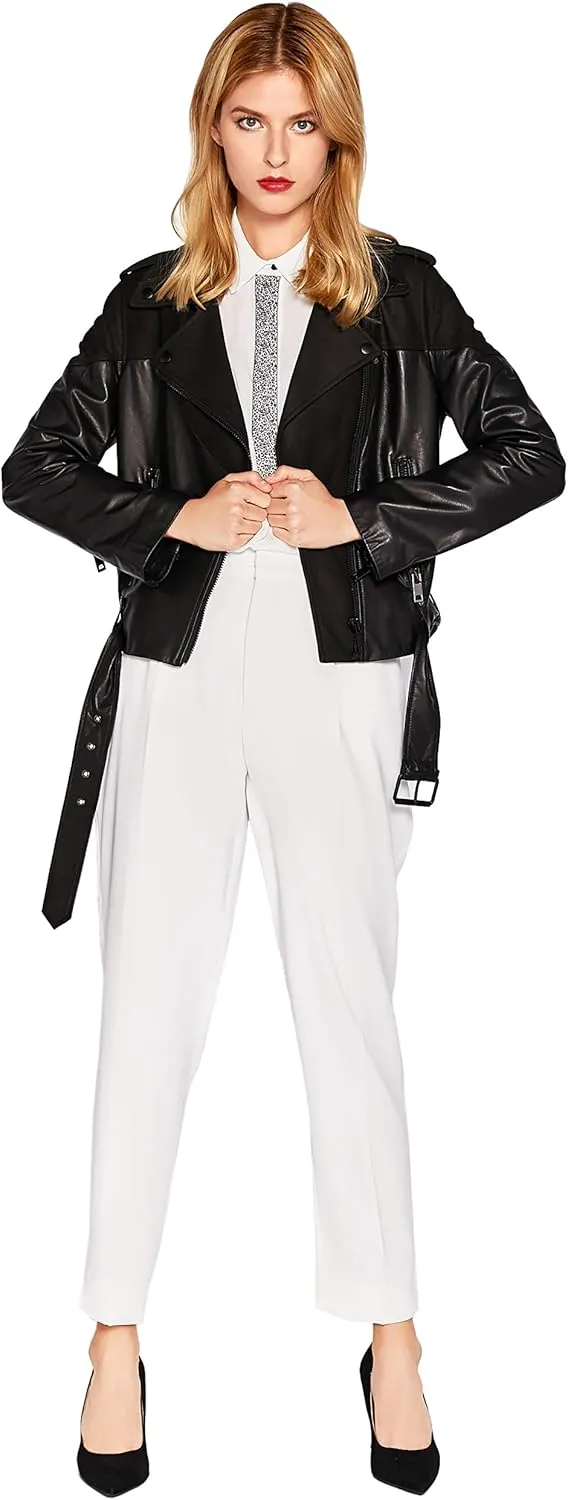 Women's Genuine Leather Jacket Lambskin Black Moto Biker Jacket Coat with Belt SmartUniverseWear
