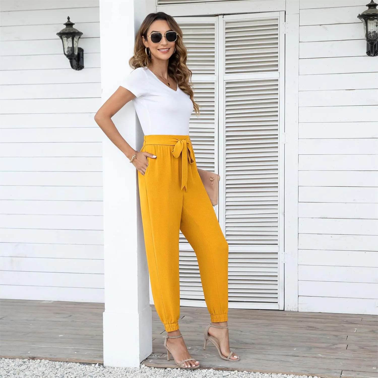 Womens High Waist Dressy Joggers Bow-Knot Loose Business Casual Pants for Work Tapered Trousers with Pockets