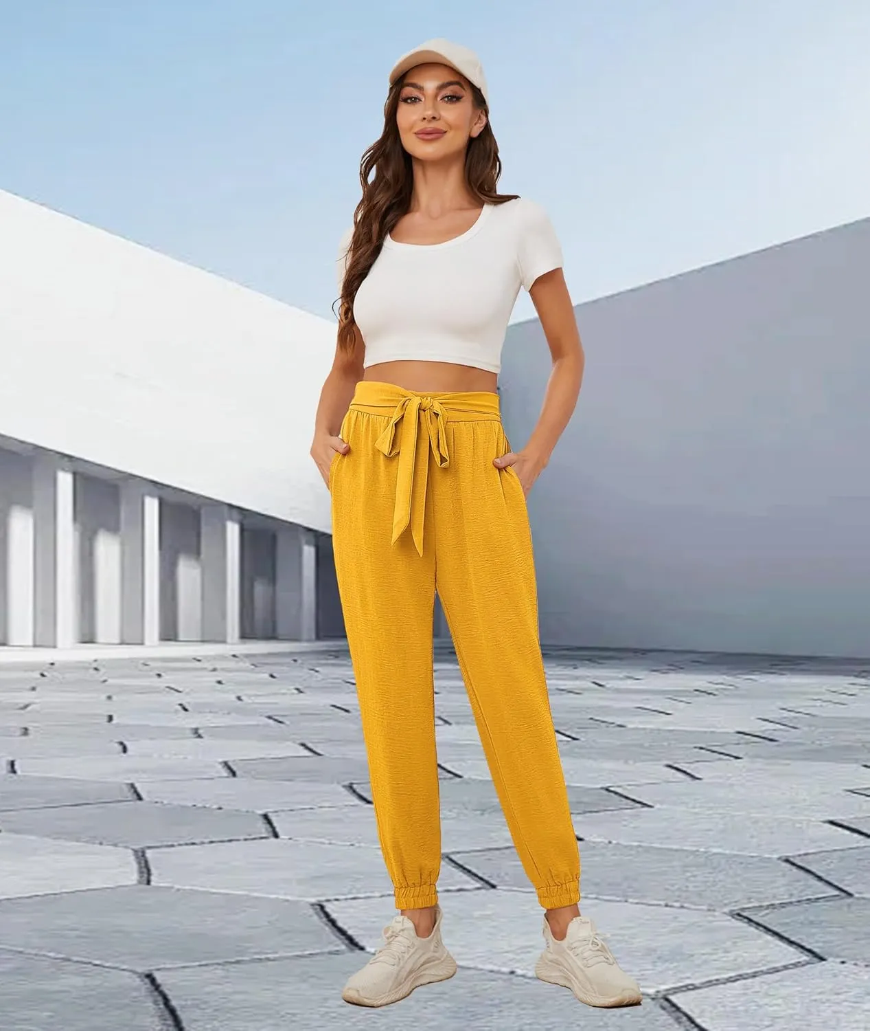 Womens High Waist Dressy Joggers Bow-Knot Loose Business Casual Pants for Work Tapered Trousers with Pockets