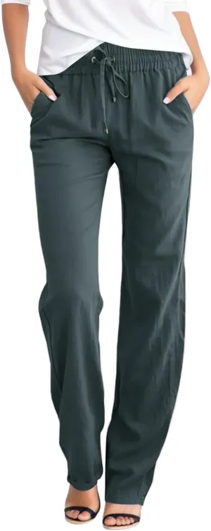 Womens High Waist Linen Pants Lightweight Summer Baggy Casual Pants Drawstring Straight Leg Trousers with Pockets