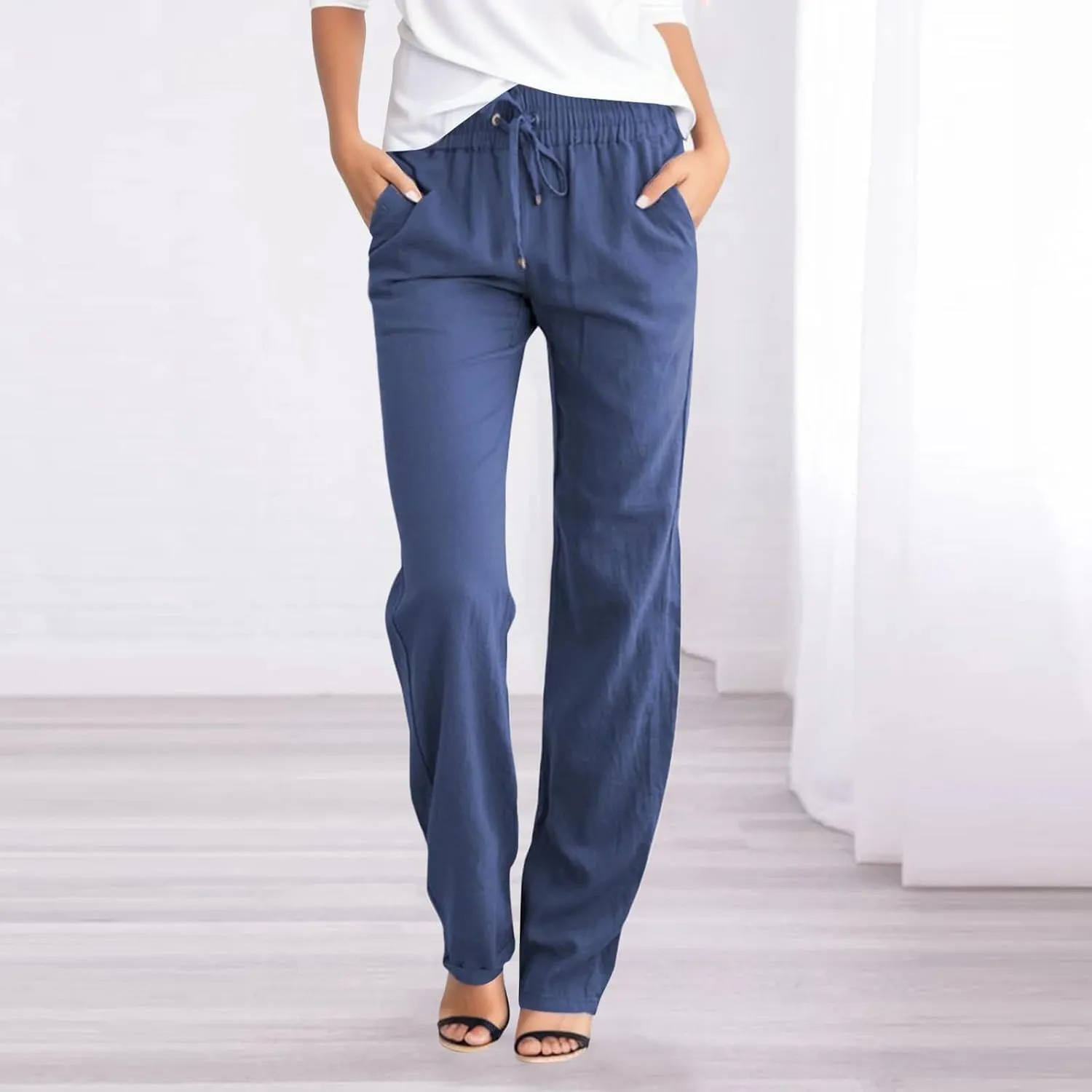 Womens High Waist Linen Pants Lightweight Summer Baggy Casual Pants Drawstring Straight Leg Trousers with Pockets