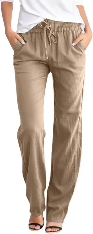 Womens High Waist Linen Pants Lightweight Summer Baggy Casual Pants Drawstring Straight Leg Trousers with Pockets