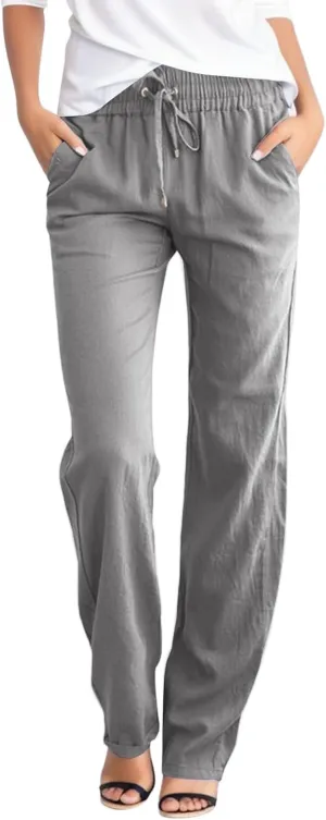 Womens High Waist Linen Pants Lightweight Summer Baggy Casual Pants Drawstring Straight Leg Trousers with Pockets