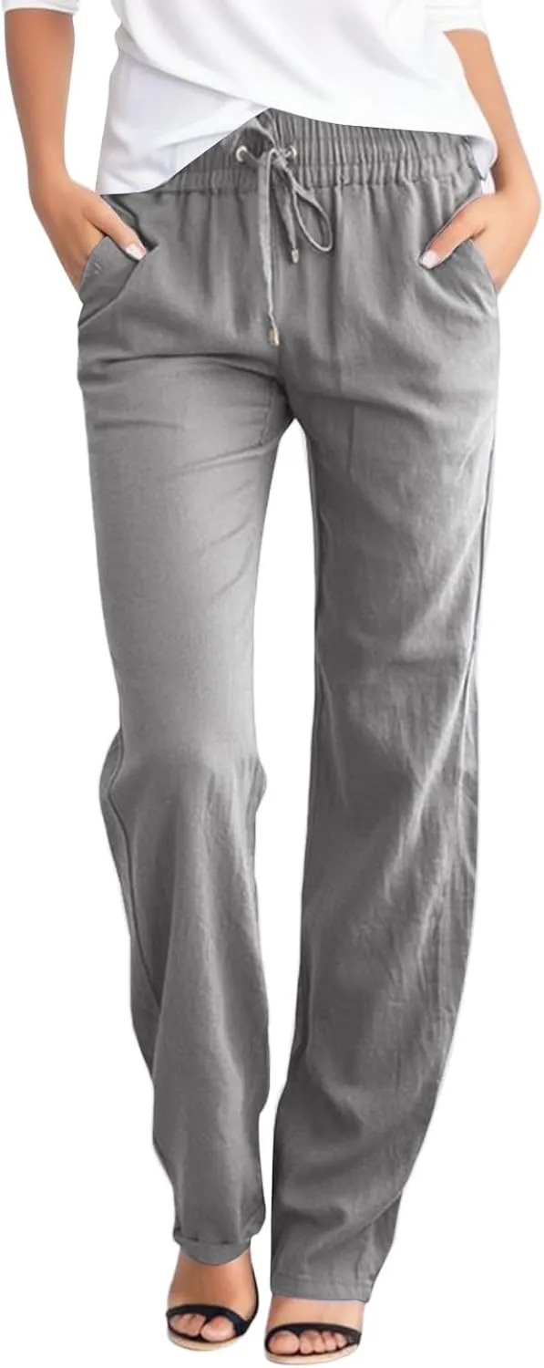 Womens High Waist Linen Pants Lightweight Summer Baggy Casual Pants Drawstring Straight Leg Trousers with Pockets