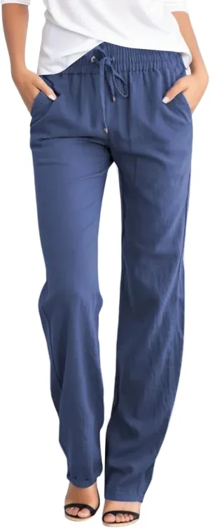 Womens High Waist Linen Pants Lightweight Summer Baggy Casual Pants Drawstring Straight Leg Trousers with Pockets