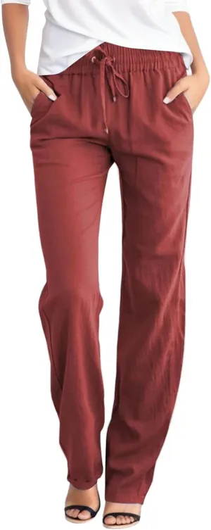 Womens High Waist Linen Pants Lightweight Summer Baggy Casual Pants Drawstring Straight Leg Trousers with Pockets