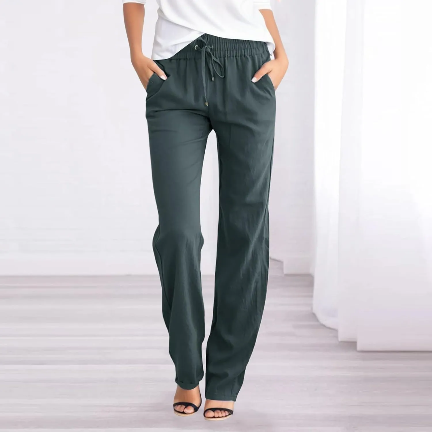 Womens High Waist Linen Pants Lightweight Summer Baggy Casual Pants Drawstring Straight Leg Trousers with Pockets